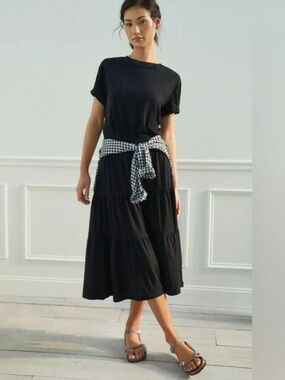 NEW Nation LTD Marine Jet Black Dress T-Shirt Tiered  Midi Dress